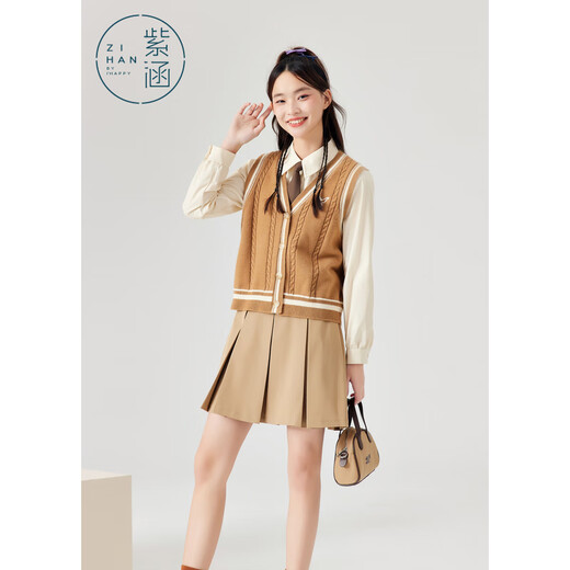 Zihan (ZIHAN) Zihan college style shirt knitted cardigan pleated skirt three-piece set for women spring petite JK suit khaki L