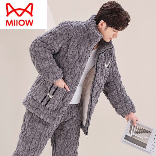 Catman (Miiow) Новые мужчины осень и зимняя трехслойная хлопчатобумажная пижама Коралловый бархат плюс бархатная утолщенная фланелевая домашняя одежда зимнее костюм темно-коричневый m6627 3 слоя x l [95-120Jin [jin равняется 0,5 кг]] три слоя + Толст