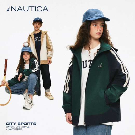 NAUTICA children's clothing boys and girls sports jacket hooded jacket spring and autumn children's American retro dark green/blue (2025 model) 165