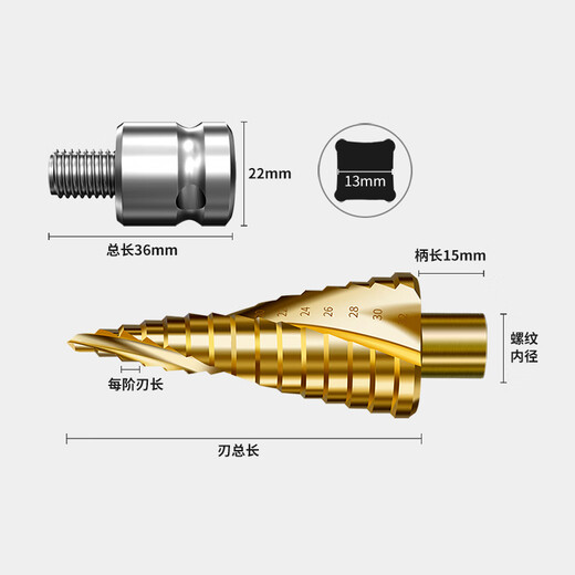 JCZS German quality pagoda drill bit opening and expanding artifact electric wrench stainless steel woodworking metal punching drill step drill 4-22mm 10 steps straight groove