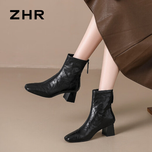 
ZHR top layer cowhide women's boots retro pleated thick heel short boots for women autumn and winter versatile boots for women S529 noble black 37