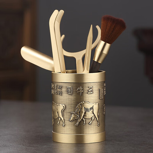 Jiutang Pure Brass Tea Ceremony Six Gentlemen Set Tea Clamps, Tea Knife and Spoon Three-piece Set High-end Tea Making Tools Tea Accessories Five Cows - Brass Tea Ceremony Six Gentlemen