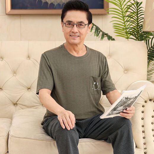 啄木鸟（TUCANO）棉质夏季短袖长裤男士睡衣中年爸爸套头休闲套装老年人薄款家居服 NXF9711 XL 码(建议140-160d