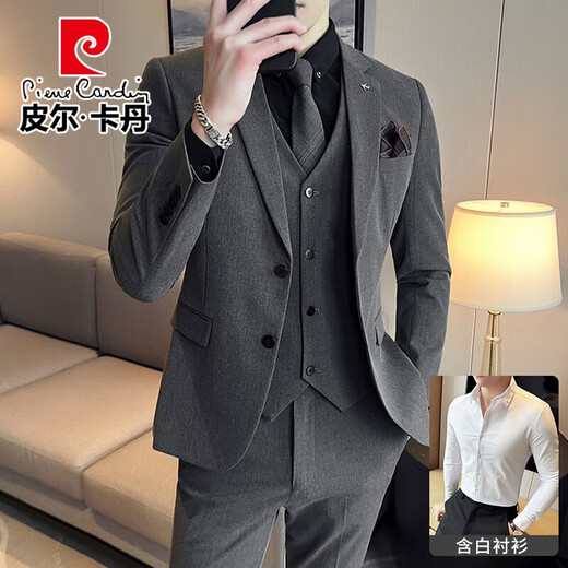 Pierre Cardin Groom Costume Men Business Professional Wear Forme Warid Robe Handsome Casual Slim Large Taille Men Black Four Pièce Costume (costume + pantalon + Vest + chemise)