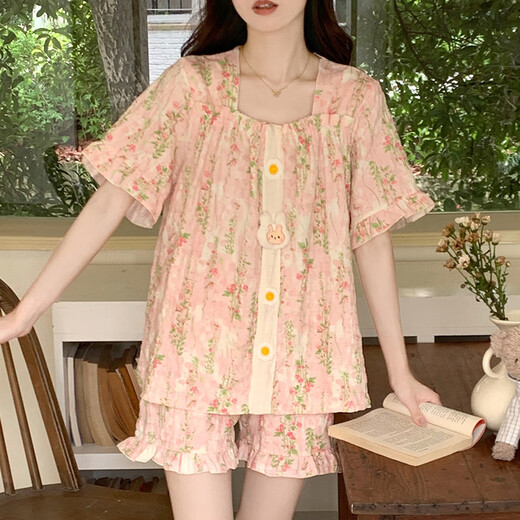 Hengyuan Xiangyun Baumwollpyjamas für Frauen im Sommer mit Brustpolstern, kurzen Ärmeln, losen großer Prinzessinstil-Studentin Student Home Clothing Set 9902-1 M (80-100Jin [Jin Equals 0,5 kg])