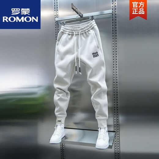 罗蒙（ROMON）潮流男士纯色运动休闲裤简约刺绣拼接束脚哈伦裤弹力松紧腰小脚裤 尚赢品质米白色春秋款*# 4XL 190210斤