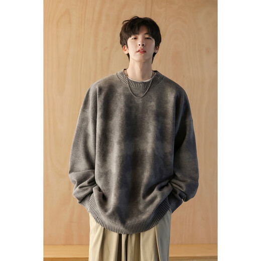 NEW OR MODE American round neck sweater for men in autumn and winter new loose and versatile retro high-end tie-dye fashion brand casual knitted sweater gray 2XL