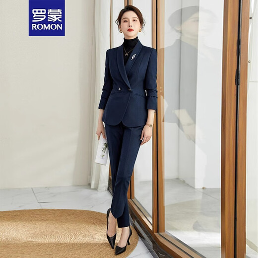 ROMON high-end professional suit, thickened formal suit, winter professional suit, fashionable commuting suit for women, navy blue suit jacket + trousers XL