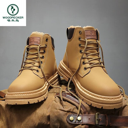 Woodpecker Winter Plus toison Martin Boots Chaussures de haut pour hommes pour hommes British Retro non glissé Bottes de travail chaudes Coton Chaussures Chaussures pour hommes Jaune plus polaire 40