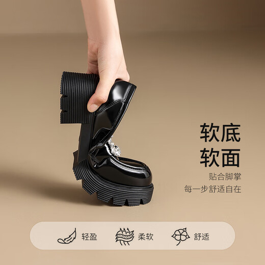 ZHR乐福鞋女时尚镜面百搭水钻女鞋厚底增高单鞋黑色皮鞋JF151黑色37