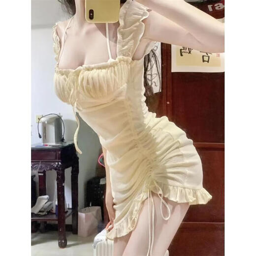 糜岚（MieLanat）夜场性感女装显瘦夜店性感连衣裙洗浴按摩短裙连衣裙技师工作服 如图杏色 M (95-110斤)