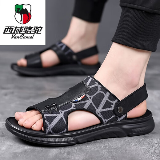 西域骆驼（VANCAMEL）男士夏季沙滩凉鞋休闲真皮软底2024新款男款外穿防滑男式凉鞋 9908黑色(牛皮+布) 42 260mm