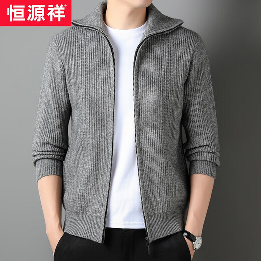 Hengyuanxiang autumn and winter thickened wool sweater men's knitted cardigan zipper lapel sweater middle-aged sheep tamarin sweater men's trendy jacket gray 175/XL/115/recommended 135-155Jin Jin equals 0.5 kg