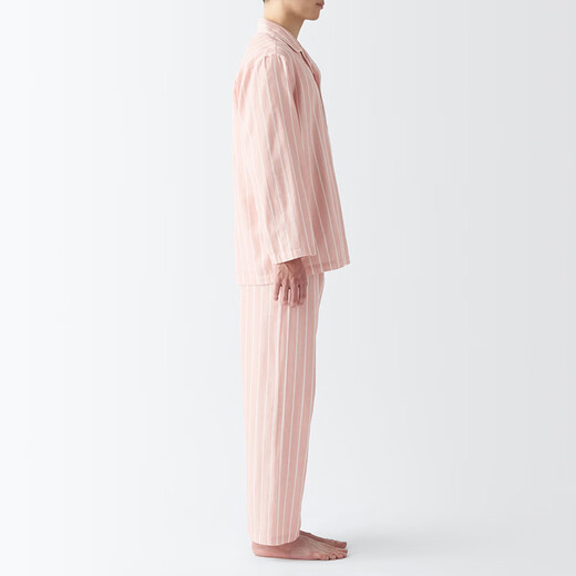 MUJI men's style, no side seams, double layer yarn, pajamas, men's home clothes, spring and autumn, FB0YDC4S, light orange stripes, M (top 170/92A, bottom 170/80A)