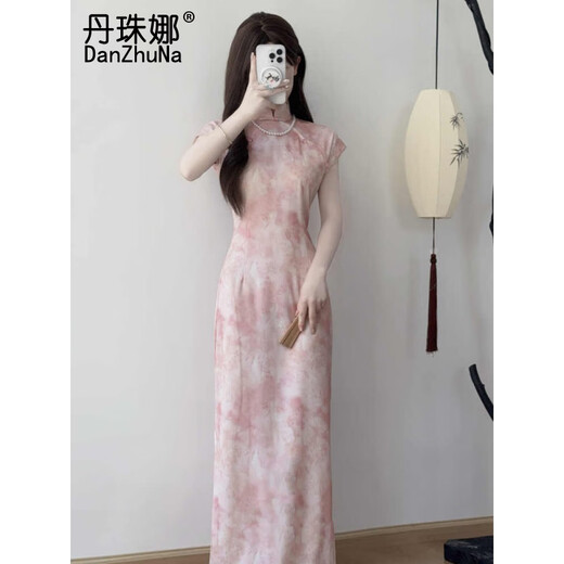 丹珠娜（DanZhuNa）新中式连衣裙女装2025夏季新款气质改良国风少女旗袍改良裙子夏天 9710粉色旗袍（无饰品） L
