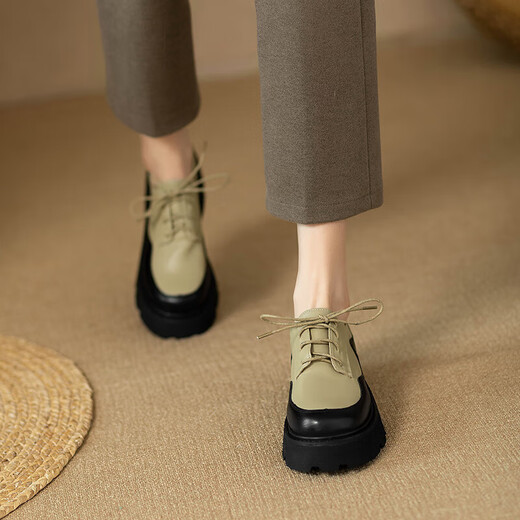 XMXE Brand Fashion Slaafers Damen 2025 Herbst Neue Mode dick-löst dick-löst-verstärkte Lederschuhe farbblockierende vielseitige Single-Schuhe für Frauen Grün 35