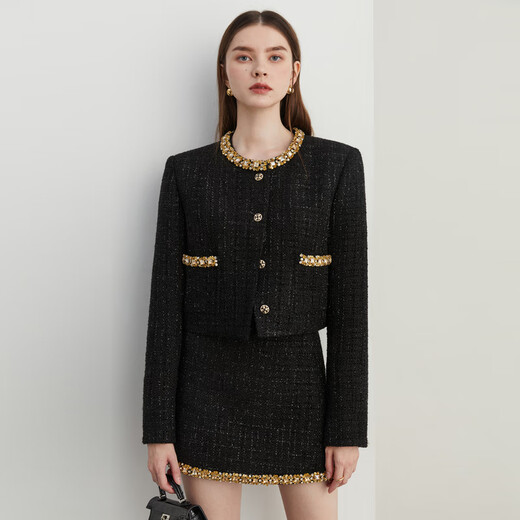 DPLAY Black Label 2025 Autumn New Black Small Fragrance Jacket Women's Heavy Industry Tweed Short Suit Skirt-Classic Black XL