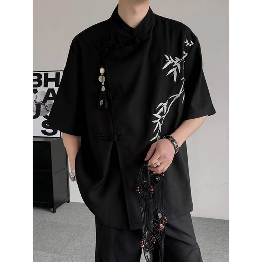 Schwören von Männern Verlobung vom neuen chinesischen Top -Ice -Seidenhemd Herren Sommer Bambus bestickter Anzug Hemd Reinigungsmittel schwarzes Hemd 5xl
