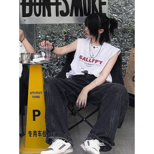 POUM美式高街坎肩背心男夏季字母印花重磅无袖t恤宽松纯棉hiphop上衣 YSXS-B1105白色 L