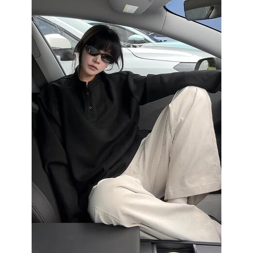 Katuchi American Henry collar long-sleeved sweatshirt for men and women in autumn and winter plus velvet thick boxy version right shoulder inner layering clothes base shirt white gray XL