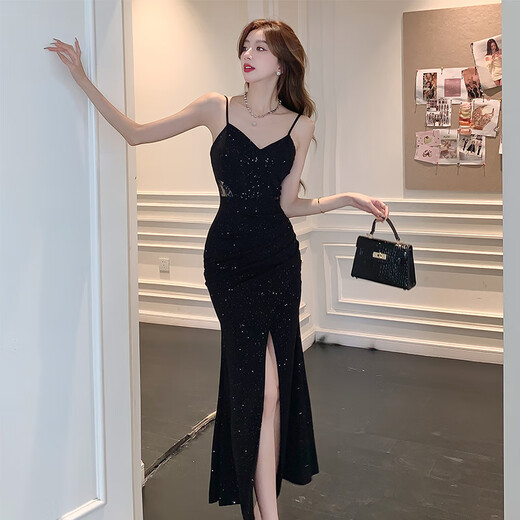Karara Nakami Xiuchun V robe à suspension en V V pour les femmes avec un design à la fente plus haute sexy mince Hip-Slim Long jupe robe noire m