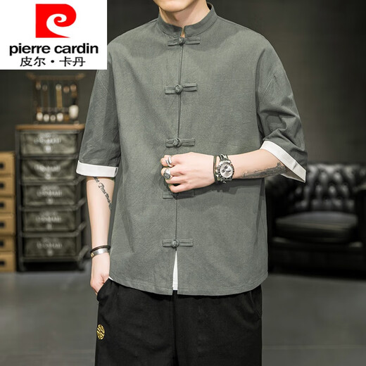 Pierre cardin summer large size Chinese style short-sleeved shirt men's five-point sleeve Tang suit ancient costume cotton linen Hanfu retro Zhongshan suit A8001 red 5XL 200-220Jin [Jin equals 0.5 kg]