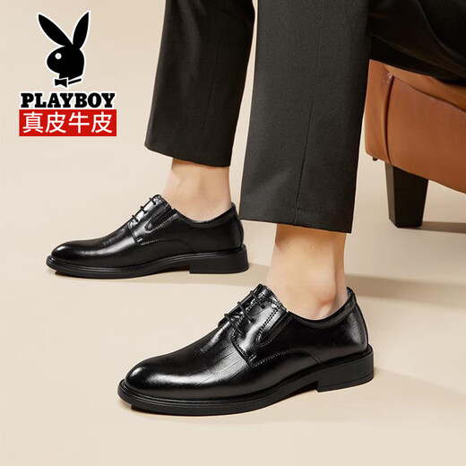 Chaussures en cuir Playboy pour hommes 2025 Nouvelle entreprise de cuir authentique usure formelle Men's Haut-Haut-Haut Derby Chaussures pour les mariés de mariage et les garçons les meilleures chaussures de la hauteur intérieure noire-12357 42 Taille de chaussure en cuir standard