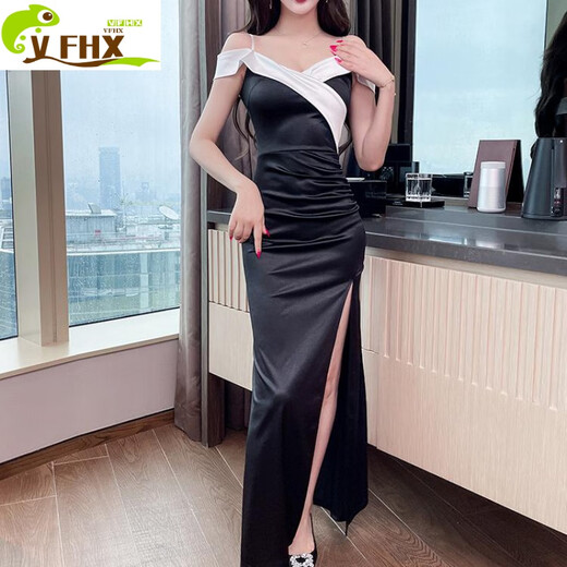 VFHX晚礼服性感吊带连衣裙一字肩气质夜场长款柔式spa足浴技师工作服 白色 13582 S 建议80-90斤