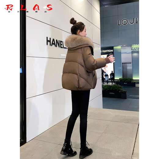 RLAS Chaqueta Corta De Plumas Mujer 2026 Invierno Nuevo Estilo Moda Y Versátil Chaqueta con Cuello De Piel Grande De Plumas De Ganso Blanco para Personas Pequeñas Marrón Lujosa Piel De Zorro S 160