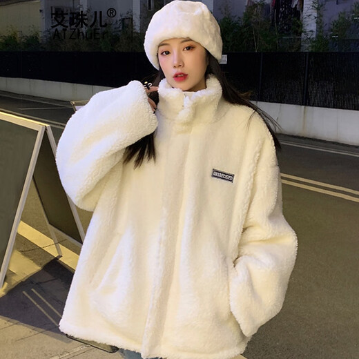 Ai Zhuer reversible lamb wool coat for women autumn and winter new Korean style loose thickened lamb wool cotton clothes for women white one size fits all (recommended 80-140 Jin Jin equals 0.5 kg)