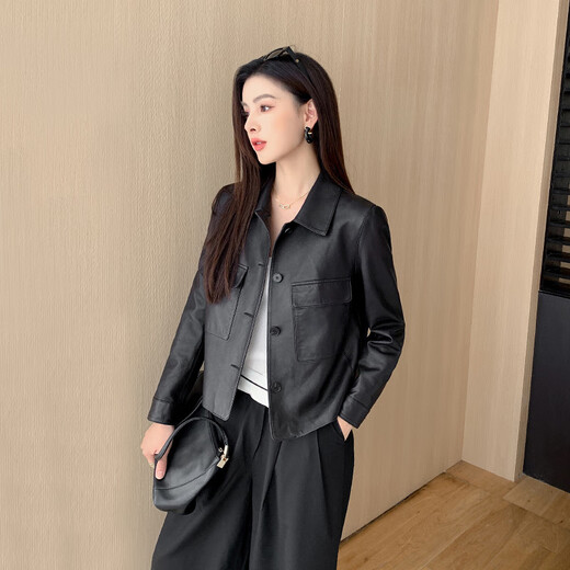 Qianchen Yi Haining New 2025 Spring and Autumn Popular Casual Sheepskin Leather Jacket Genuine Leather Jacket Women's Short Black M