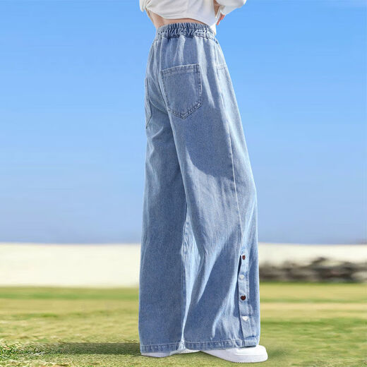 Ikano I.Karnow Girls Pantalones de pierna ancha Soft Denim Spring and Autumn Tennis Pantalones infantiles sueltos delgados de verano a mitad de larga duración 2025 Nuevo 13068 Azul [Estilo de primavera y otoño] 160