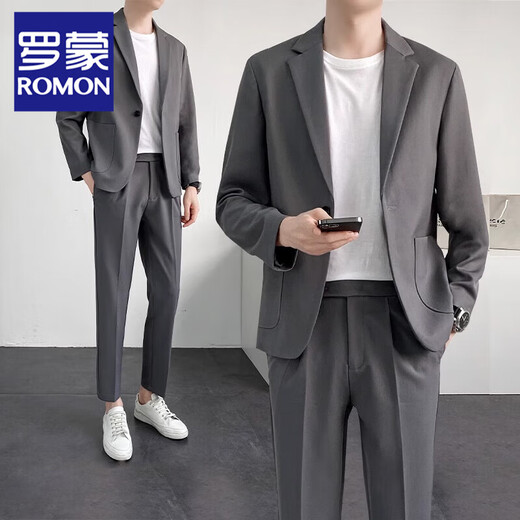 ROMON suit suit for men, light and sophisticated style, trendy, high-end, slim, versatile, casual suit, Korean version, handsome suit jacket for men, 669 black, two-piece suit + pants XL