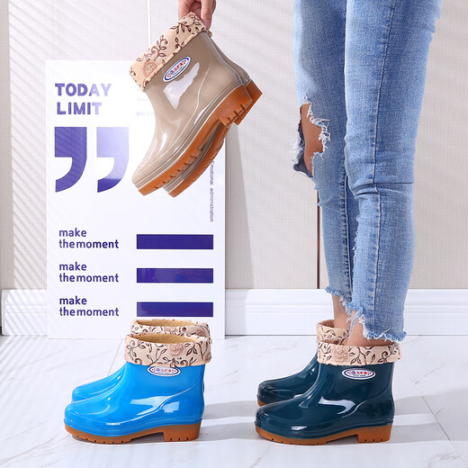 Huili four-season wear-resistant beef tendon sole waterproof shoes fashionable short rubber shoes kitchen soft sole water boots rain boots women comfortable and non-slip on rainy days Khaki-single shoes Standard size 38