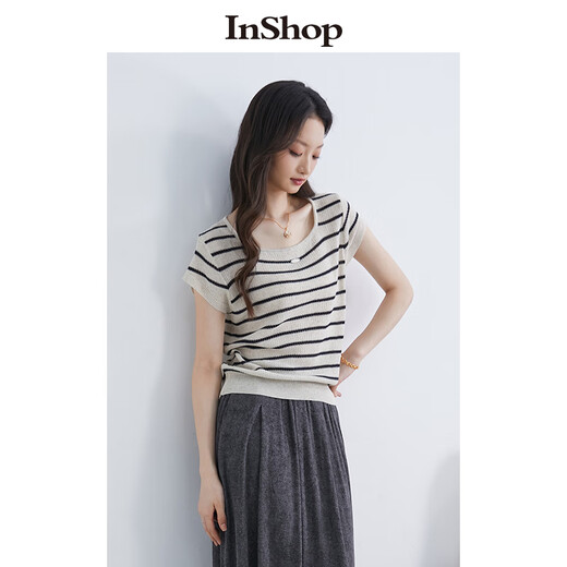 InShop【商场同款】新款立体小标条纹针织衫女气质单穿坎肩上衣 杏条 S