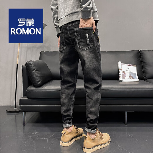 罗蒙（ROMON）春秋冬季男士牛仔裤个性破洞补丁裤弹力修身小脚男装裤耐磨长裤子 6636黑色 28 腰围2尺1