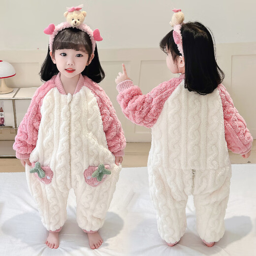 Kexin baby baby sleeping bag autumn and winter double-layer thickened flannel children's one-piece pajamas coral velvet baby anti-kicking quilt crawler suit pink strawberry size 90 recommended for 1-2 years old (height around 85)