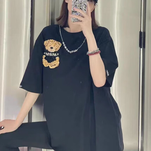 MWM Kimura Ihong OOXOO.NET Chaohui Spanish trendy brand bear necklace simple short-sleeved T-shirt top black S(165-175)