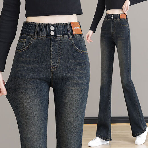 莫代尔松紧腰牛仔裤女装2025春秋新款高腰弹力修身显瘦时尚喇叭裤 MX-10-5010_蓝色8592【款】 常规 3XL 建议140-150