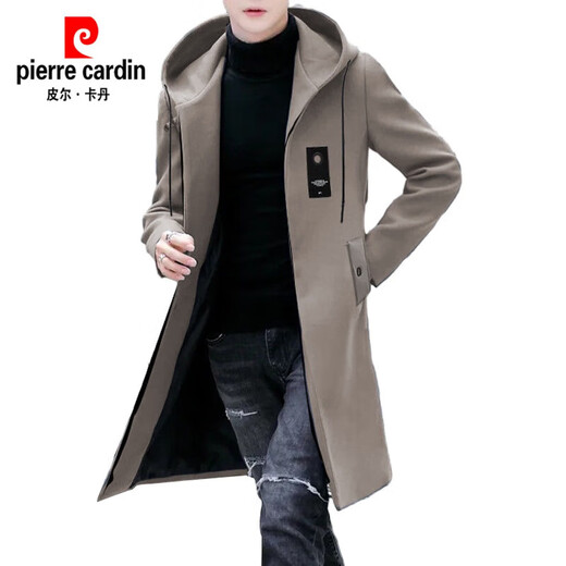 Pierre Cardin windbreaker men's spring and autumn mid-length khaki casual coat new coat men's style plus velvet and thickening 8029-black plus velvet 4XL