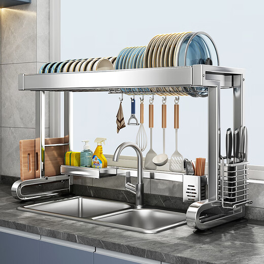 Shuaishi kitchen sink rack 304 stainless steel drain dish rack basket sink dish storage rack utensils 304 stainless steel complete set 86 long single layer