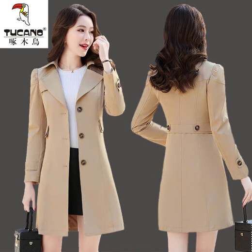 Woodpecker high-end windbreaker jacket for women 2024 spring and autumn new fashion Korean style mid-length slim slim temperament versatile top Khaki M 90Jin Jin is equal to within 0.5 kg
