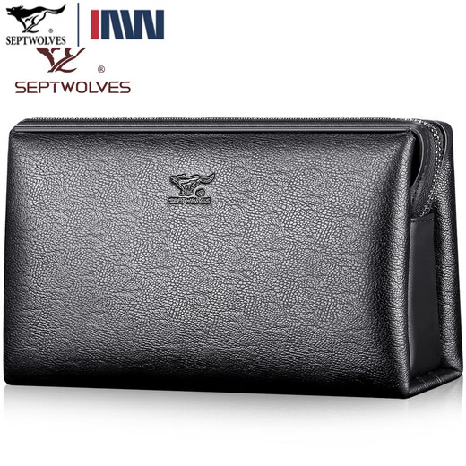 Sieben Wölfe Herrenhandtasche Herrener echter Lederbeutel Business Handtasche Cowhide Clutch Herrenbeutel große Kapazität Passwort Lock Passwort Schwarz große Größe L L.