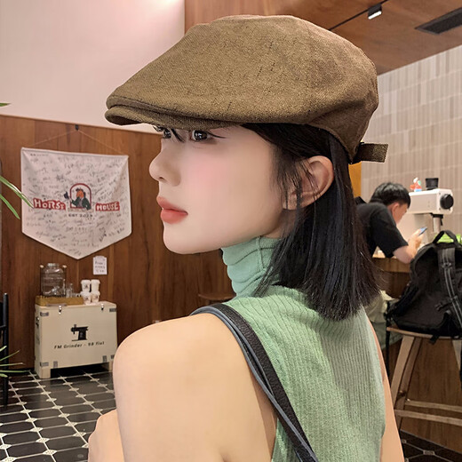 槿城美式复古辣妹棉麻前进帽女夏季薄款文艺百搭街头显脸小贝雷帽子潮 咖色BL0829 均码 M（56-58cm）