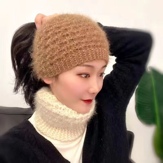 Fog woolen knitted headband hat wide-brimmed headscarf for women, autumn and winter ear protection headband to cover gray hair, warm headband for women, plush style, Khaki A18-303