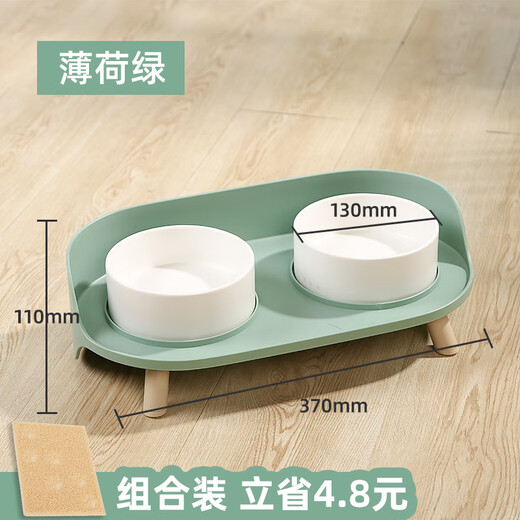 Ceramic cat bowl, pet food bowl, cervical vertebra protection, cat food bowl, dog rice bowl and drinking water bowl, integrated anti-knock over cat water bowl, mint green + placemat, high-legged ceramic double bowls (priority delivery for collection and purchase)