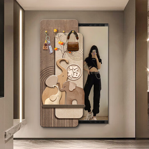 诗亭居推拉穿衣镜全身装饰画大象暗藏式穿衣挂画可推拉玄关壁挂试衣 福满吉象-A 47*112(内框35*100)cm x 悬挂式