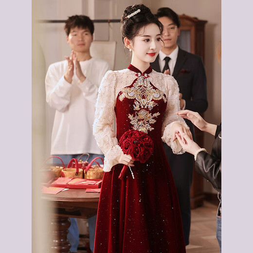Li Baixin Chinese style cheongsam toasting dress 2025 new bride wedding luxury autumn and winter red wedding dress engagement dress spring burgundy long style XL recommended 110-120Jin Jin equals 0.5 kg