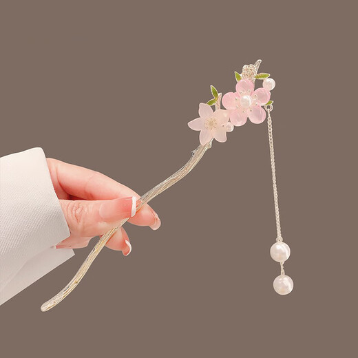 Su Shiliu's elegant pink peach blossom tassel ancient style hairpin modern updo hairpin high-end hairpin women's cheongsam Hanfu hairpin elegant pink peach blossom hairpin