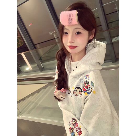 Tatsuki Pure Cute Fun Crayon Shin-chan Embroidered Hooded Sweatshirt Women 2024 New Autumn and Winter Plus Velvet Thickened Little Man Jacket White Gray (High Quality Version) M